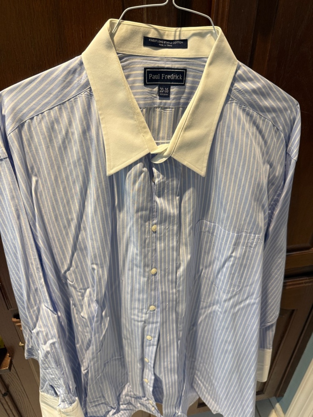 Paul Fredrick Lt Blue White Stripe Dress Shirt with White Collar 20-35.
